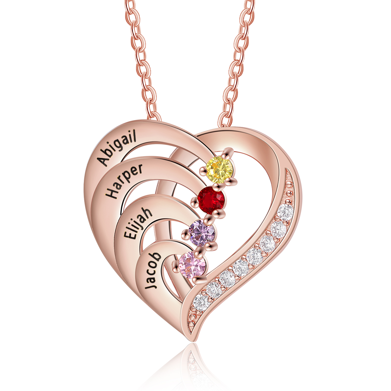 S925 Sterling Silber Personalisierte Herz Halskette 4 Namen und 4 Geburtssteine