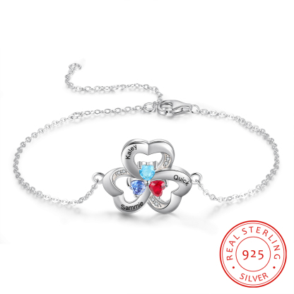 925 Sterling Silber Herzförmiges Armband mit 3Namen und 3 Geburtssteinen