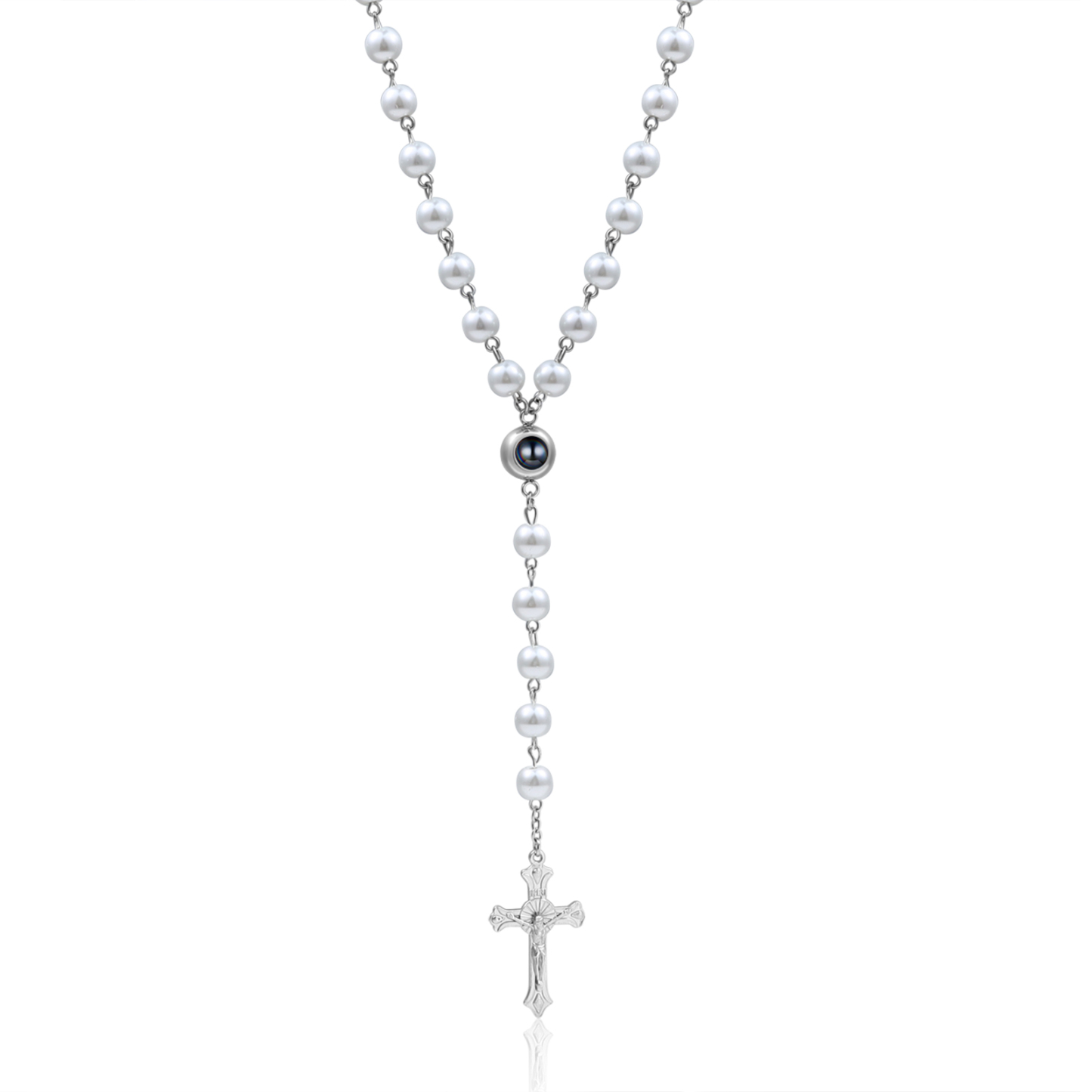 Künstliche Perlen-Halskette mit Kreuz und personalisierte Foto für Gedenken