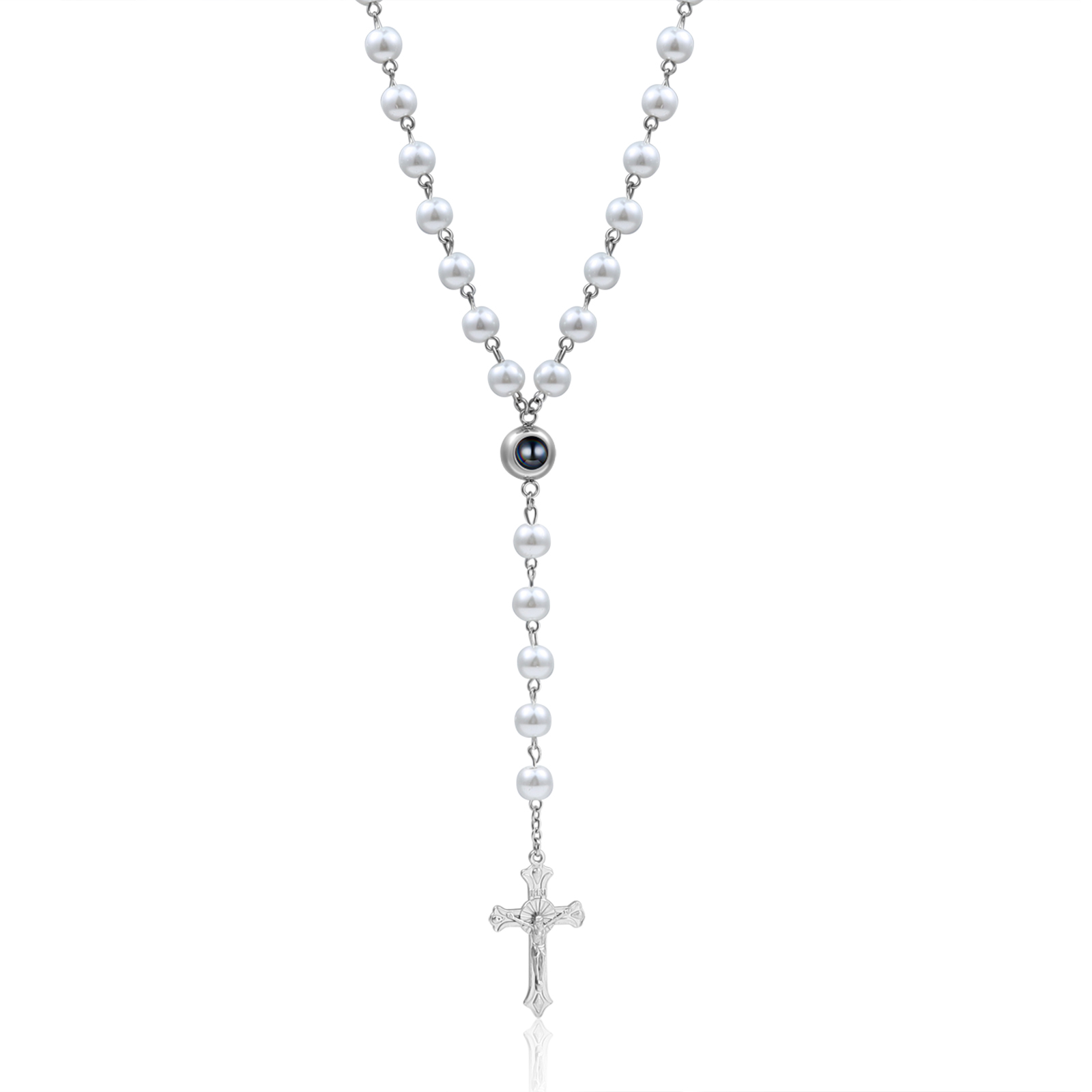 Künstliche Perlen-Halskette mit Kreuz und personalisierte Foto für Gedenken