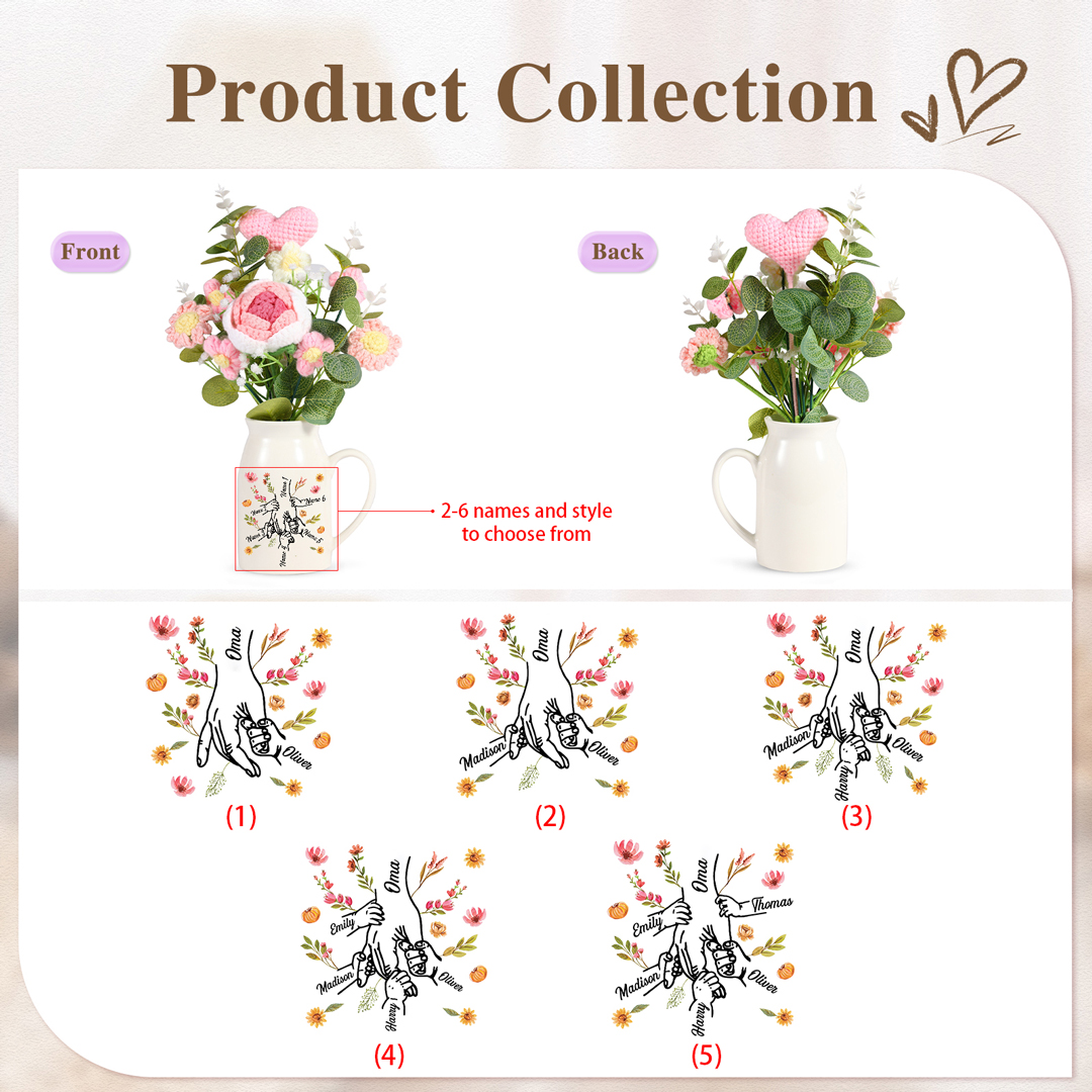 Personalisierter Keramik-Krug mit gehäkeltem Blumenstrauß – Geschenk für Oma,mit Namen, Muttertagsgeschenk