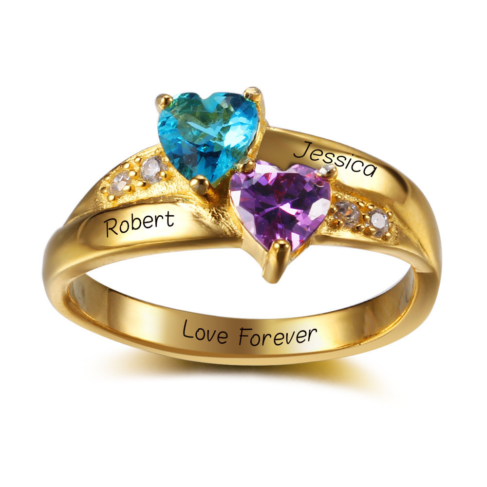 925 Sterling Silber Ring mit 2 Namen und 2 Geburtssteinen mit Gravuren