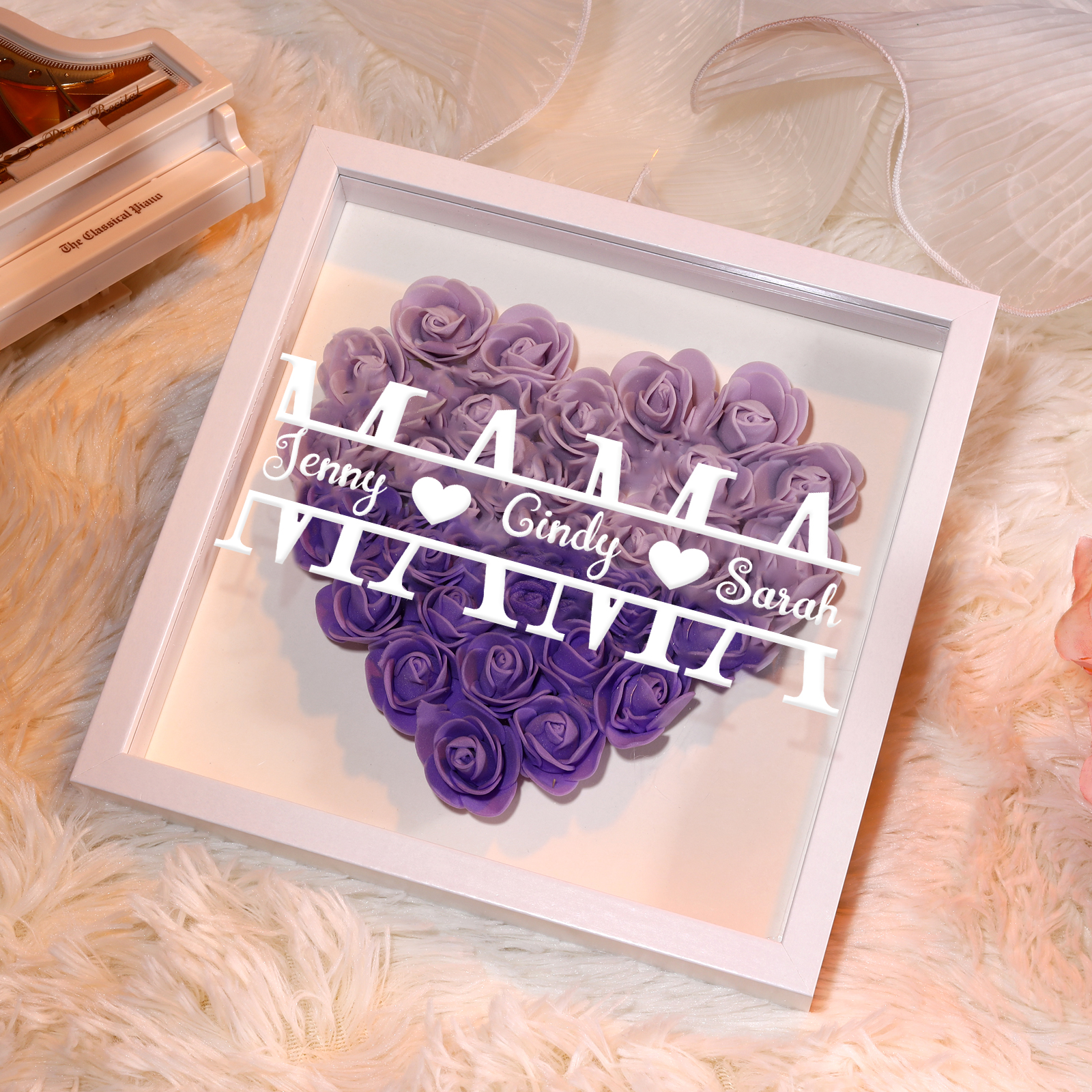 Mama Dichteplattenrahmen Deko-Personalisierbare 2 Namen Blume Ornament für Mutter