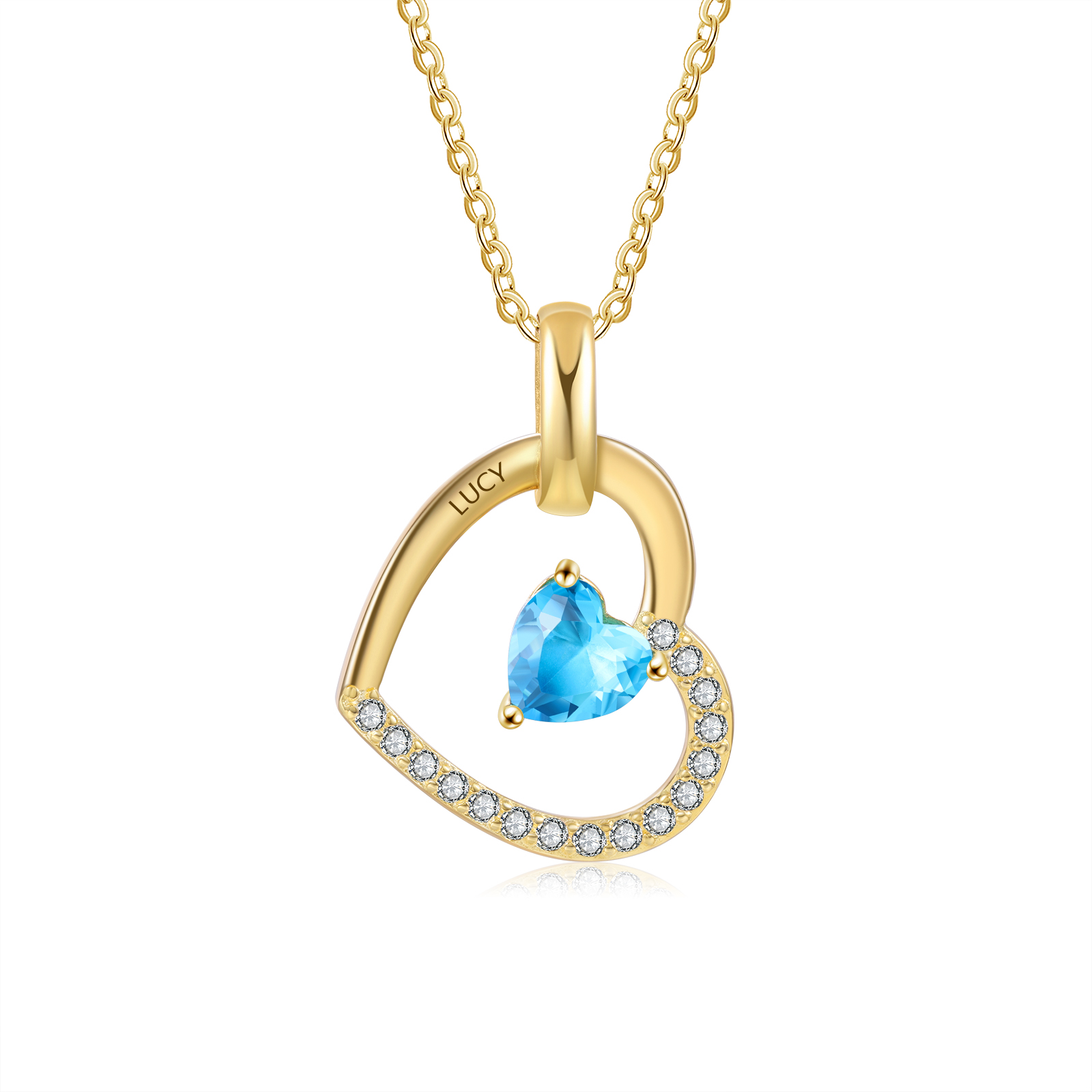 Personalisierter 1 Name & Geburtsstein Herz Golden Halskette mit Zirkonia