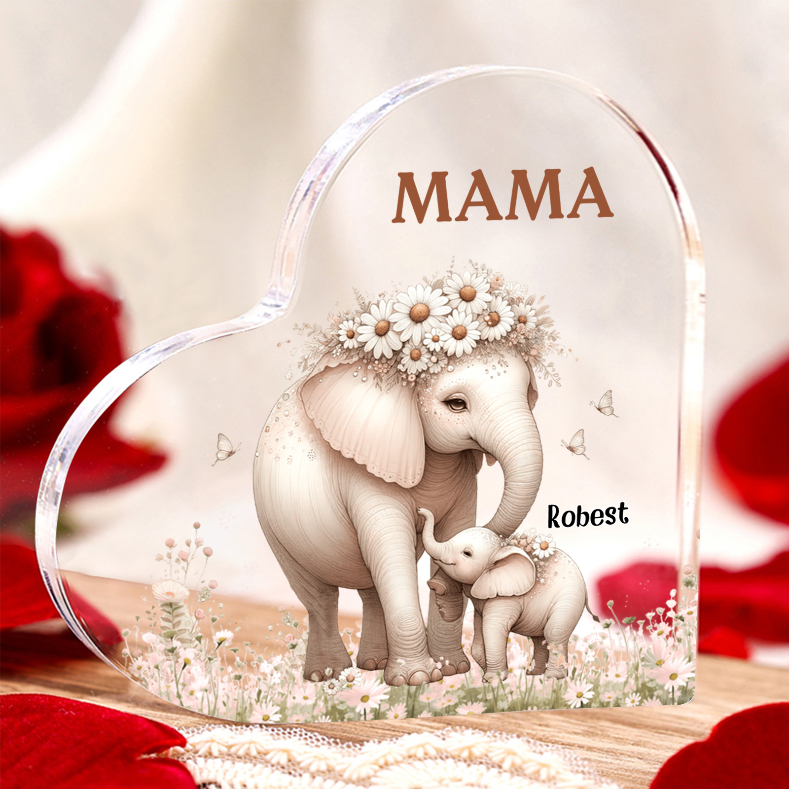 Personalisierter 1 Name Herz Acryl-Deko Mama Elefant Schreibtischdekoration für Mutter