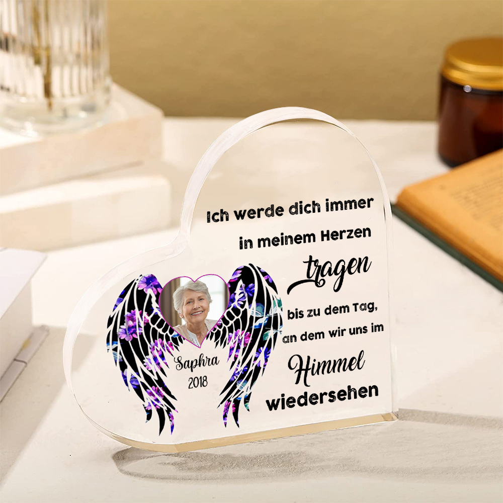 Personalisierter Name & Foto & Jahr Acryl-Deko-Ich werde dich immer in meinem Herzen tragen-Trauer Schreibtischdekoration