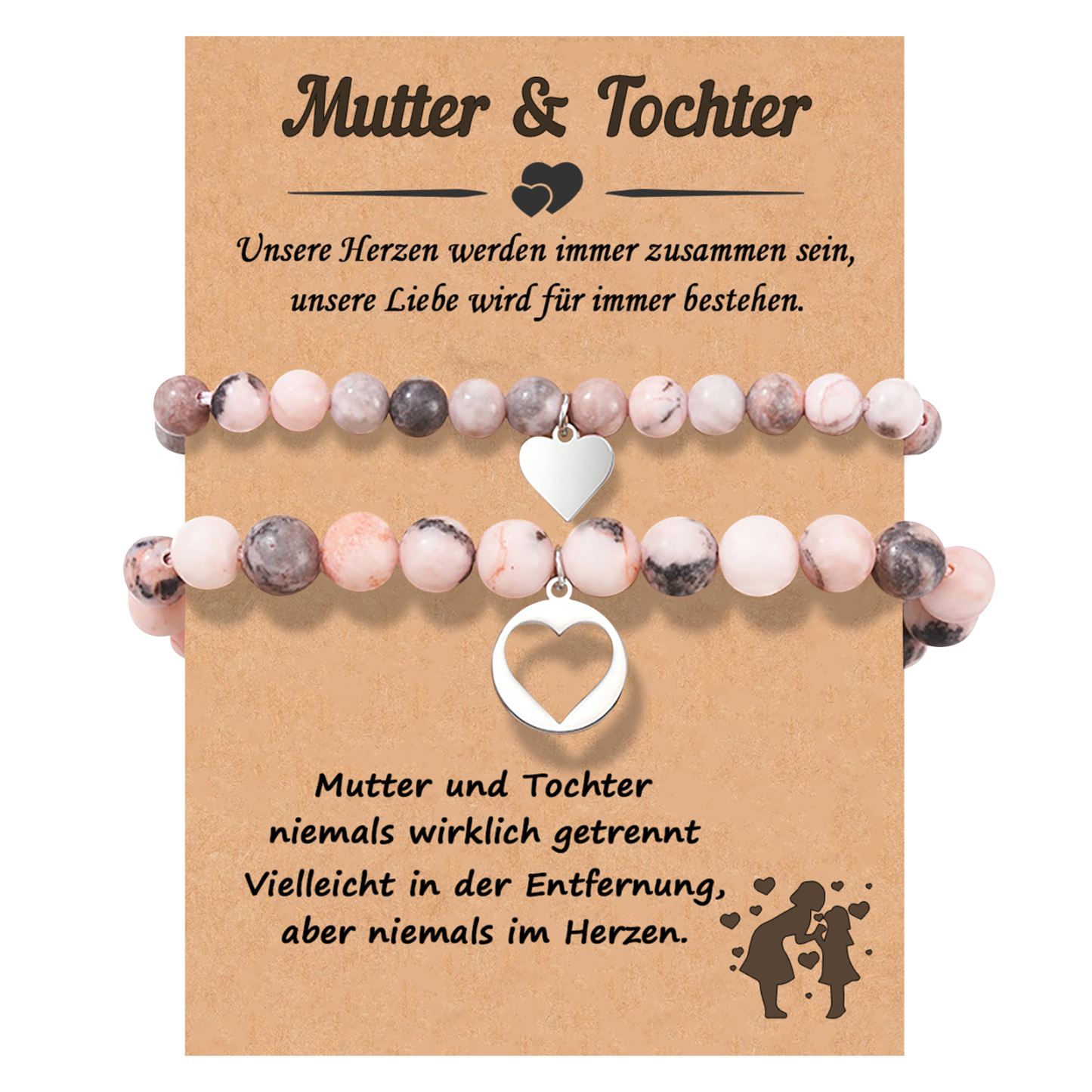 Herz & Herz Steinperle Armbänder Set-Mutter & Tochter niemals wirklich getrennt-Geschenk mit Nachrichtenkarte