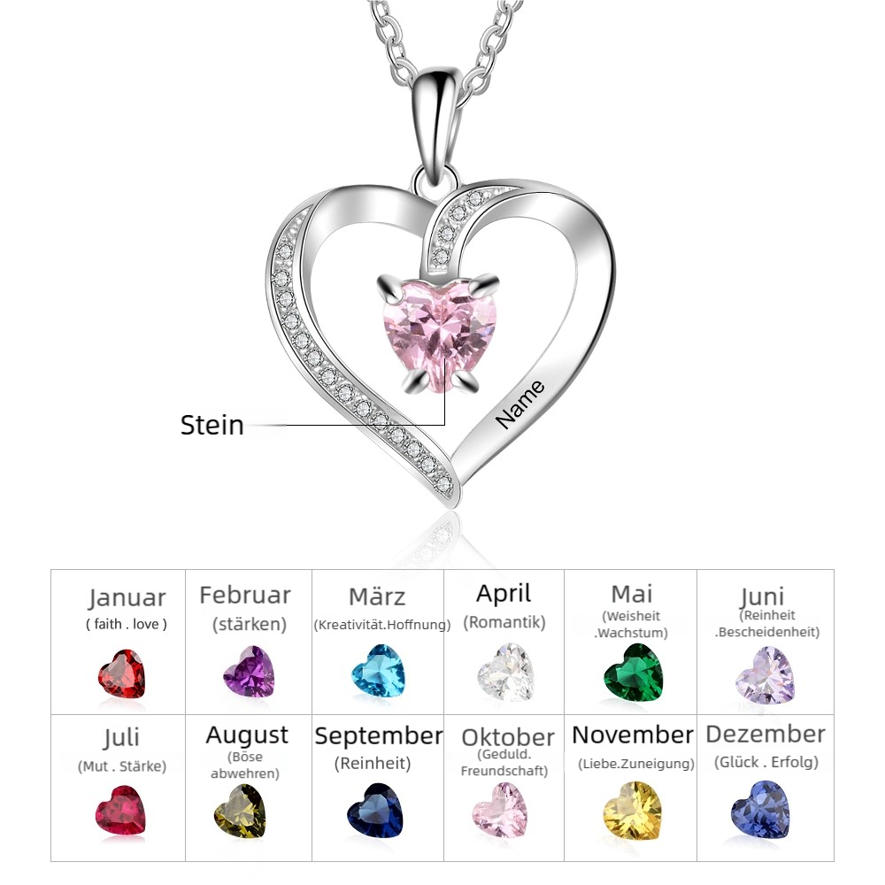 Personalisierte Herz Halskette mit 1 Name und 1 Geburtsstein