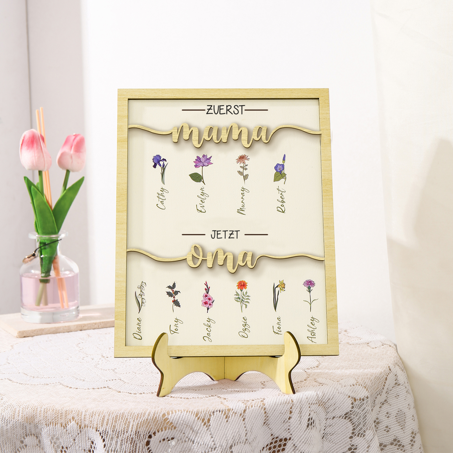 Holz Deko-Personalisierbare 10 Namen & Geburtsblume Ornament Zuerst Mama Jetzt Oma Holzdekoration für Mutter/Großmutter