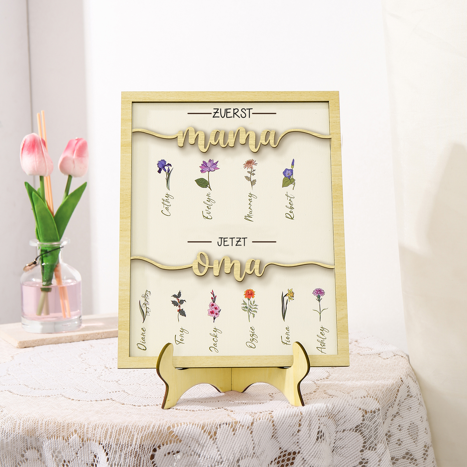 Holz Deko-Personalisierbare 10 Namen & Geburtsblume Ornament Zuerst Mama Jetzt Oma Holzdekoration für Mutter/Großmutter