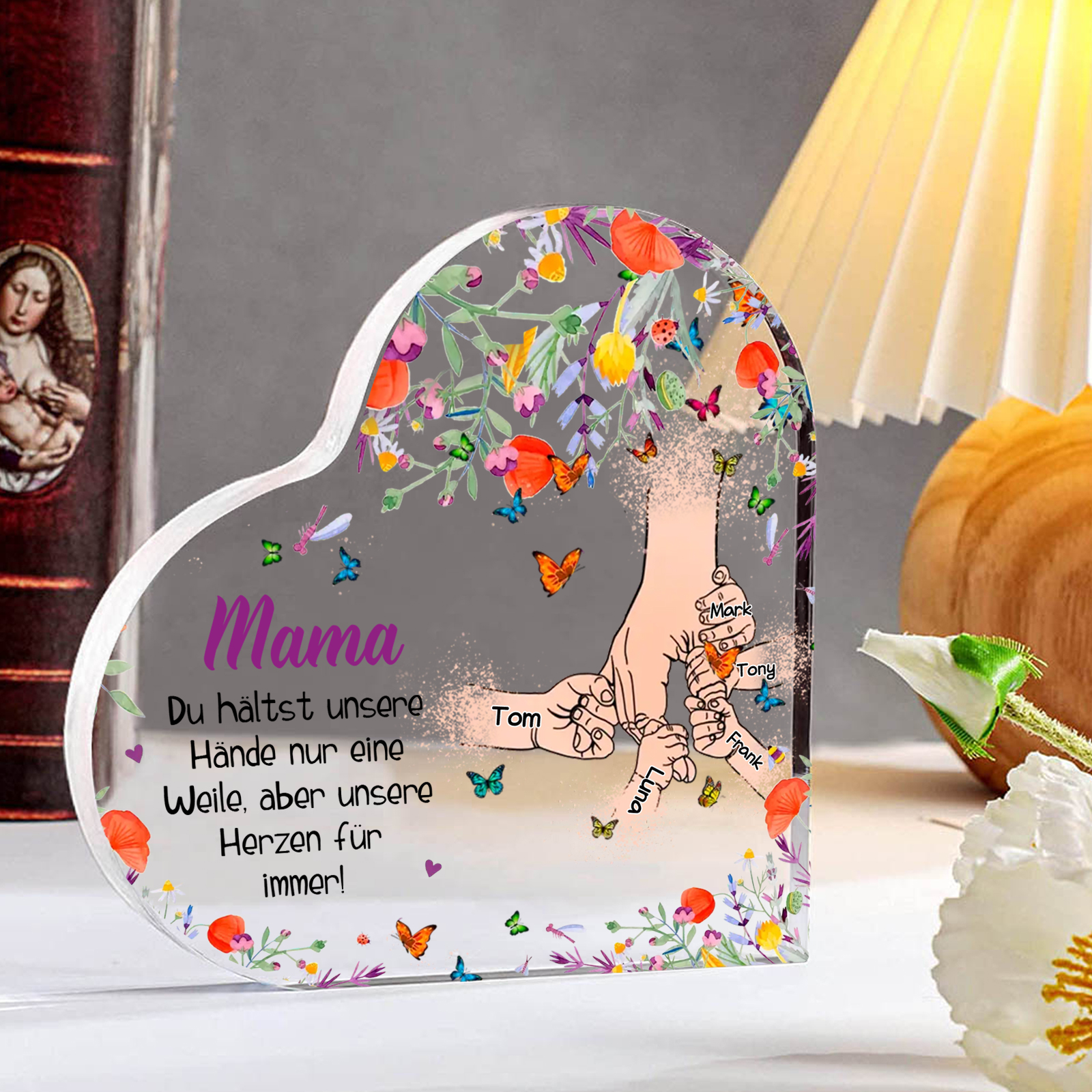 Personalisierte 5 Namen Herz Acryl-Deko -Mama Du hältst mein Hand nur eine Weile, aber unsere Herzen für immer- Schreibtischdekoration für Mutter