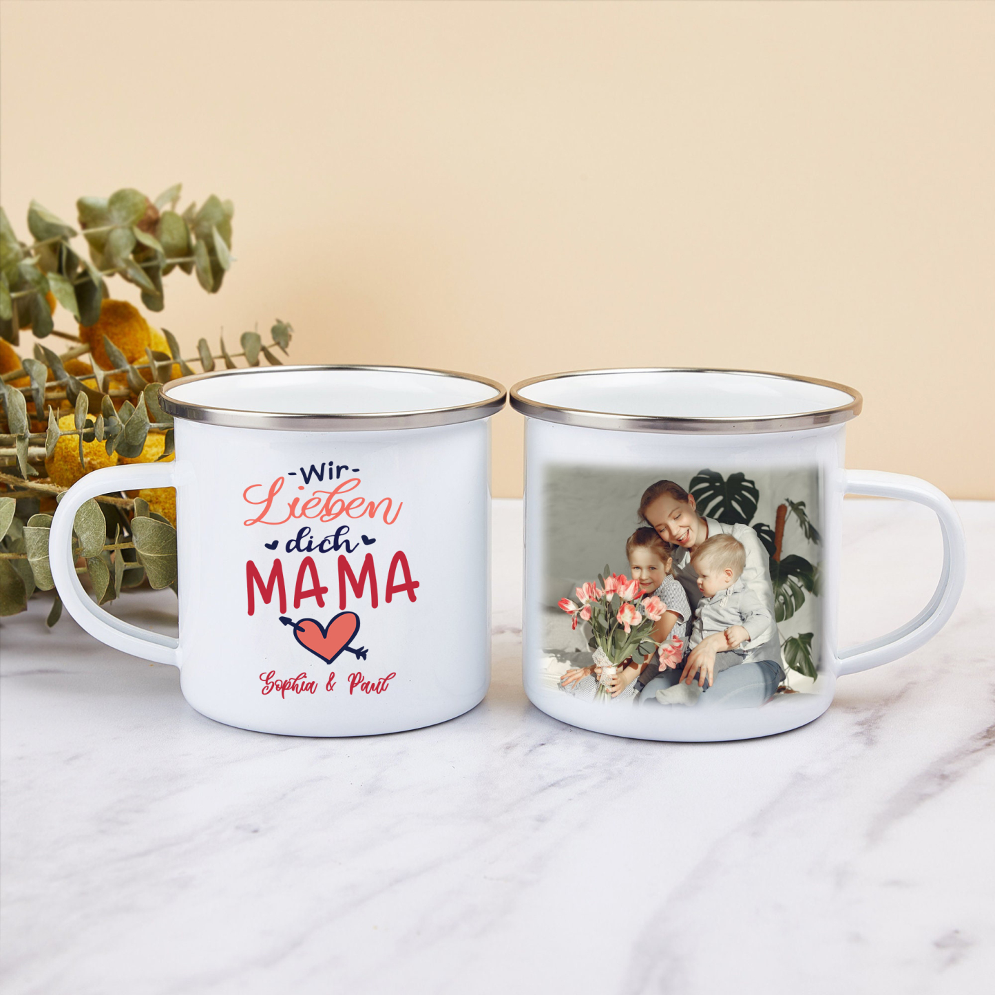 Personalisierbares Foto & 2 Namen Emaille Tasse -Wir lieben dich Mama- Emaille Becher für Mutter