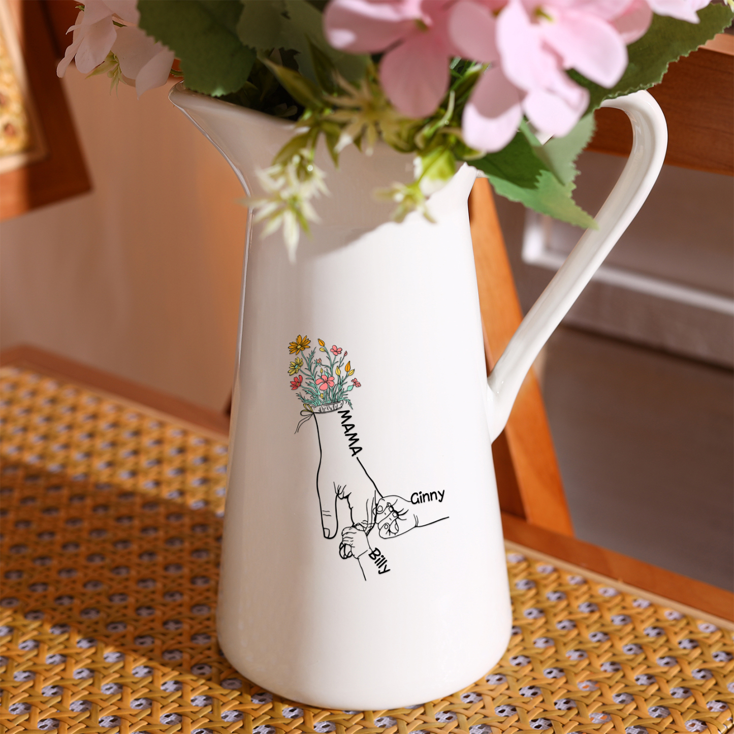 Personalisierte 3 Namen Blumenhand in Hand Gießvase mit Henkel Familie Vase