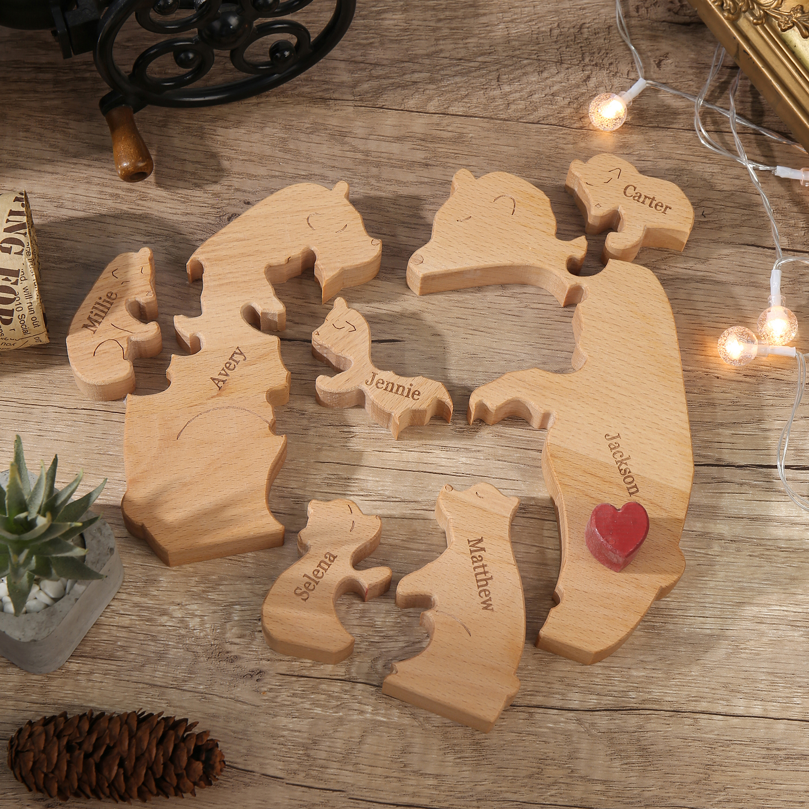 Holzskulptur-Personalisierte 7 Namen Bär Umarmung Familie Holz Deko
