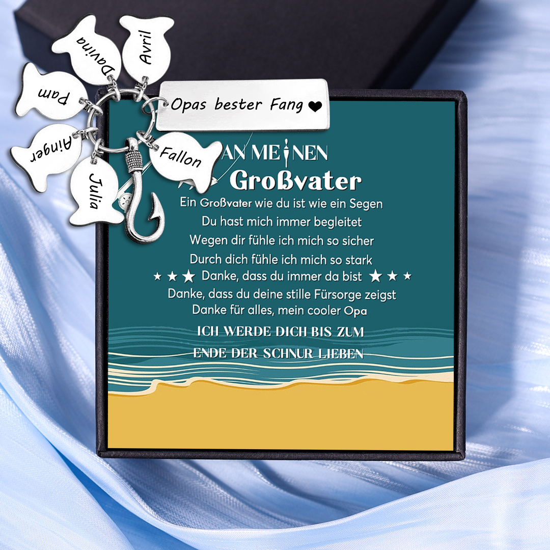 Personalisierte 6 Namen-Opas bester Fang-Schlüsselanhänger-An meinen Großvater-Geschenk mit Nachrichtenkarte