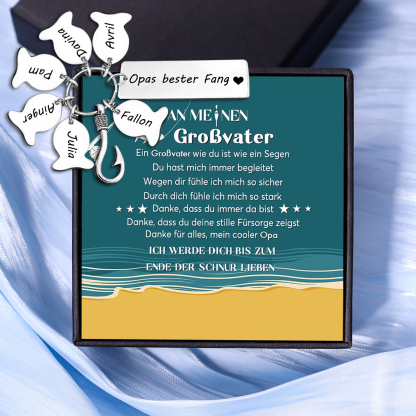 Personalisierte 6 Namen-Opas bester Fang-Schlüsselanhänger-An meinen Großvater-Geschenk mit Nachrichtenkarte