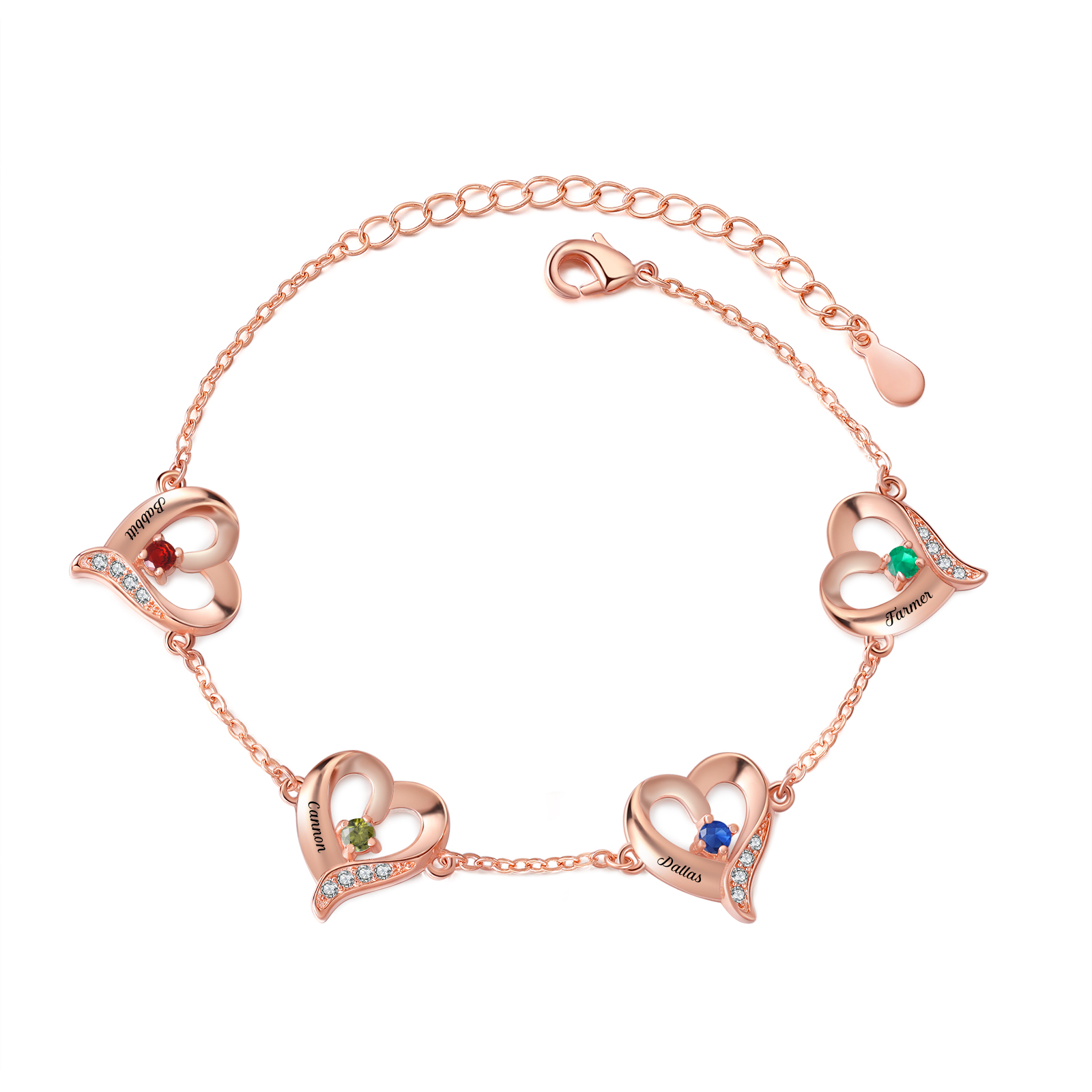 Personalisierte 4 Namen Herz Armband mit 4 Geburtssteinen
