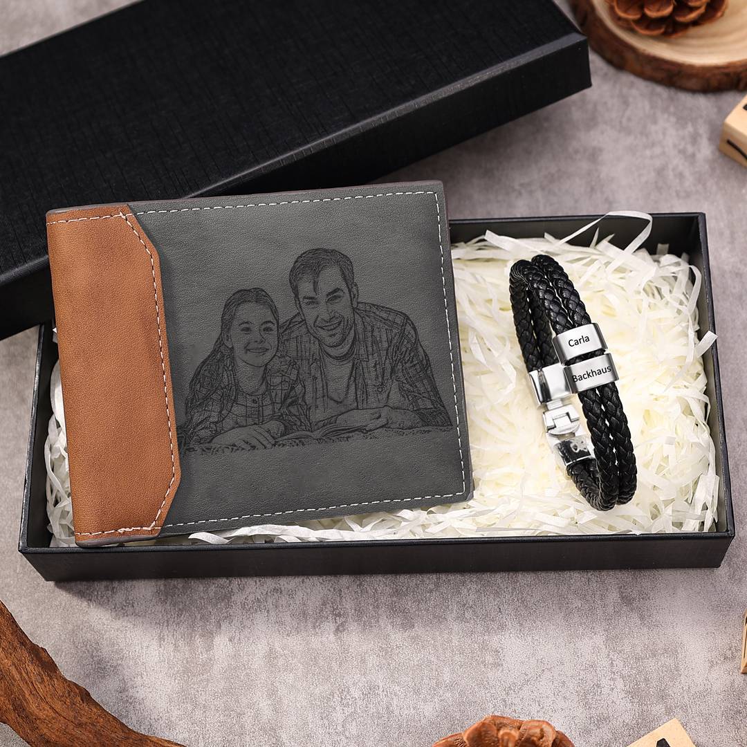 Personalisiertes Foto & Name & Buchstabe Geldbörse & 2 Namen Armband Geschenkpackung Geschenkbox set für Opa