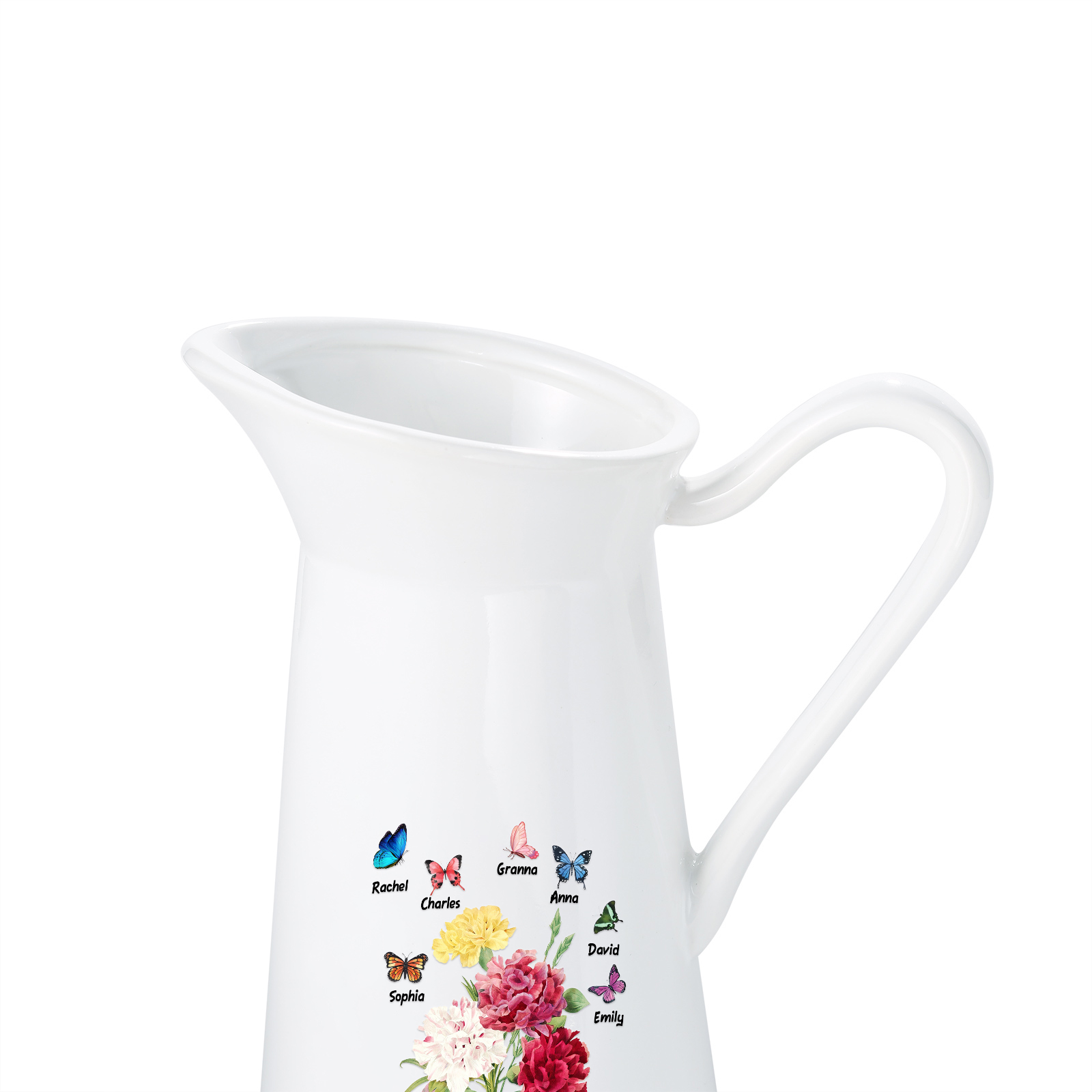 Personalisierte 7 Namen & Text Blumen & Schmetterling Gießvase mit Henkel Familie Vase