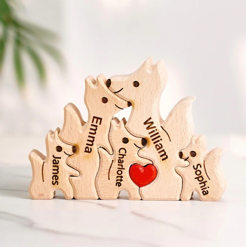 Holzskulptur-Personalisierte 5 Namen Füchse Familien Holz Deko für Familie