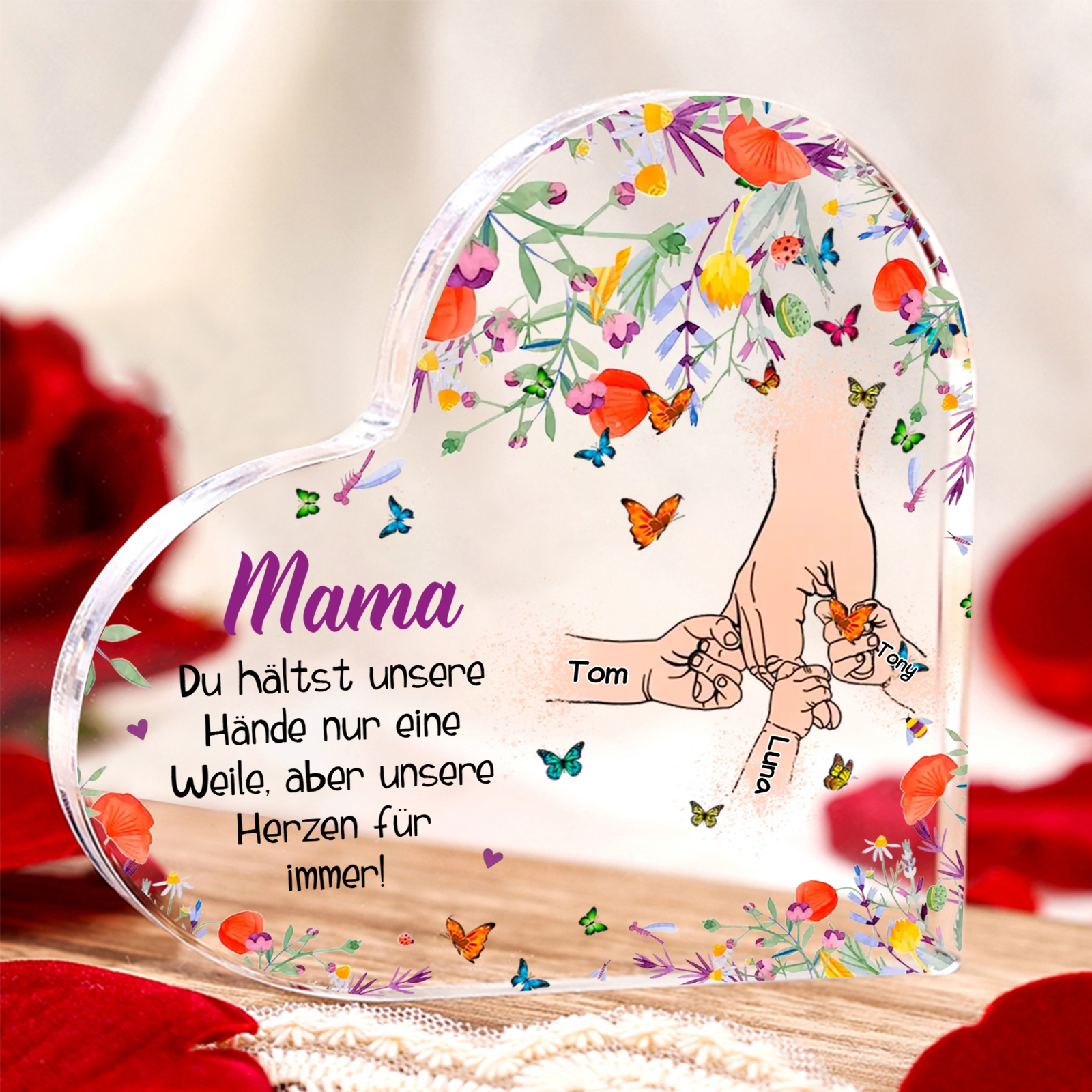 Personalisierte 3 Namen Herz Acryl-Deko Teddybär & Herzballon -Mama Du hältst mein Hand nur eine Weile, aber unsere Herzen für immer- Schreibtischdekoration für Mutter