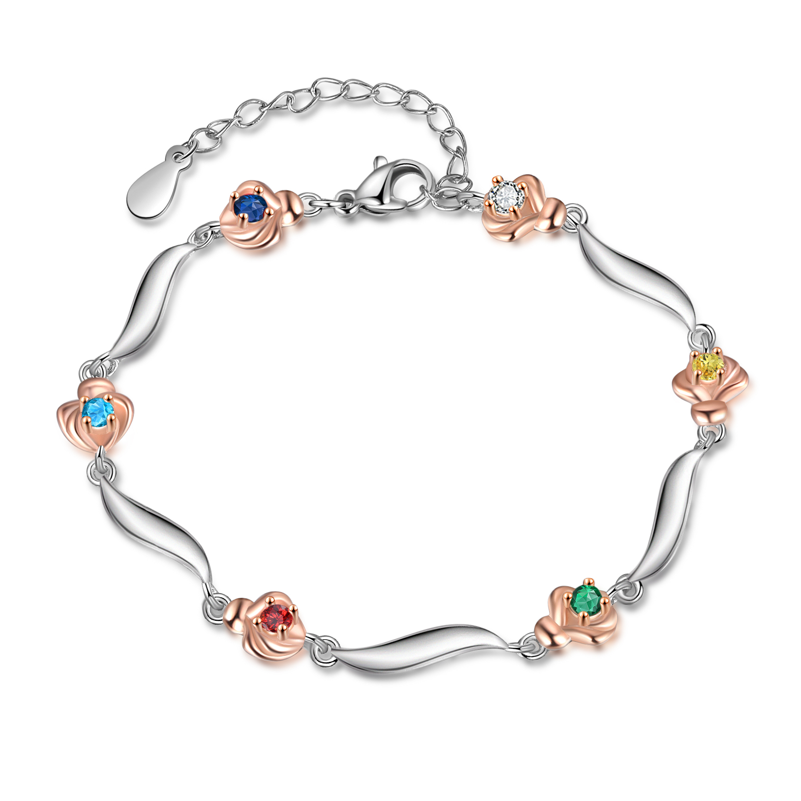 Personalisierte Rose Armband mit 5 Namen und 5 Geburtssteine Graviert