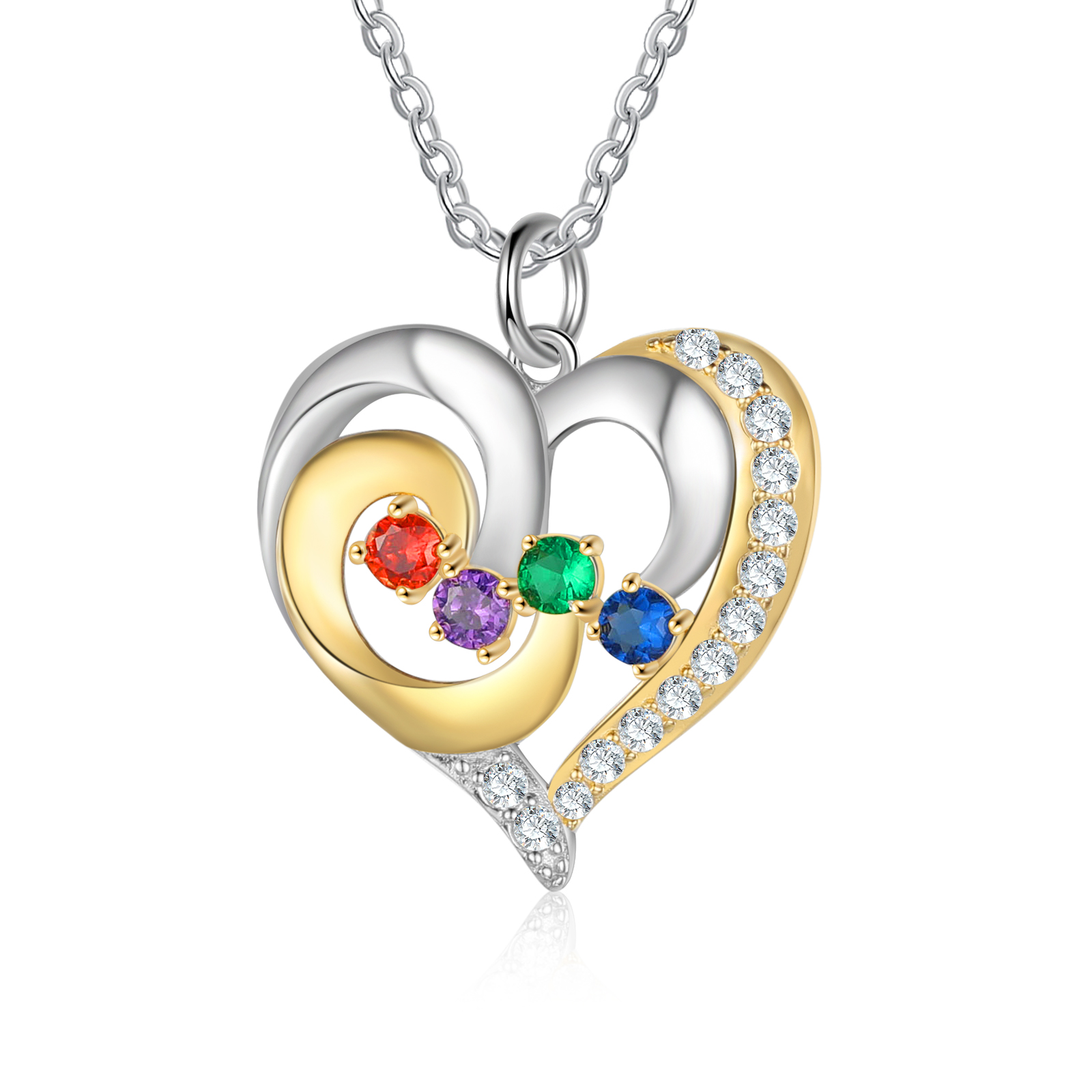 S925 Silber Gravur 4 Namen Herz Halskette mit 4 Geburtssteinen