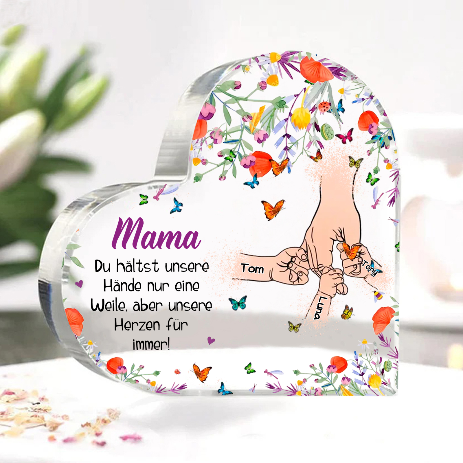 Personalisierte 3 Namen Herz Acryl-Deko -Mama Du hältst mein Hand nur eine Weile, aber unsere Herzen für immer- Schreibtischdekoration für Mutter