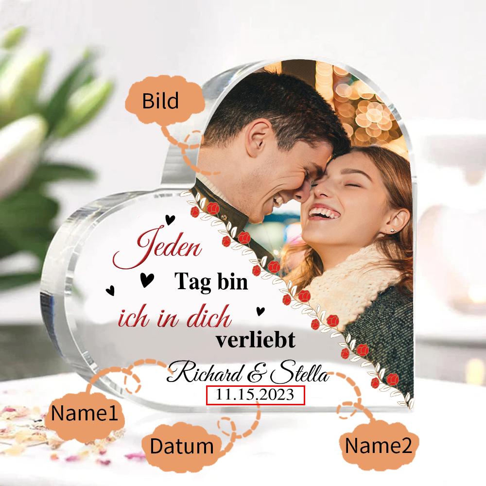 Personalisierte 2 Namen & Foto & Datum Acryl-Deko-Jeden Tag bin ich in dich verliebt-Schreibtischdekoration für Paar