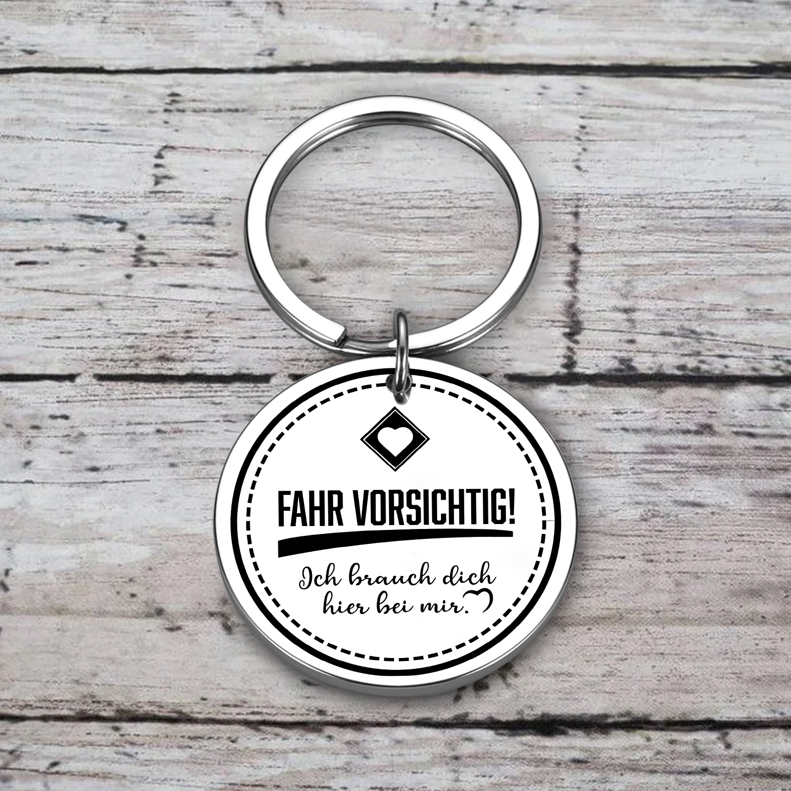 Personalisierbares Foto Rund Metall-Fahr vorsichtig. Ich brauche dich hier bei mir-Schlüsselanhänger für Paare