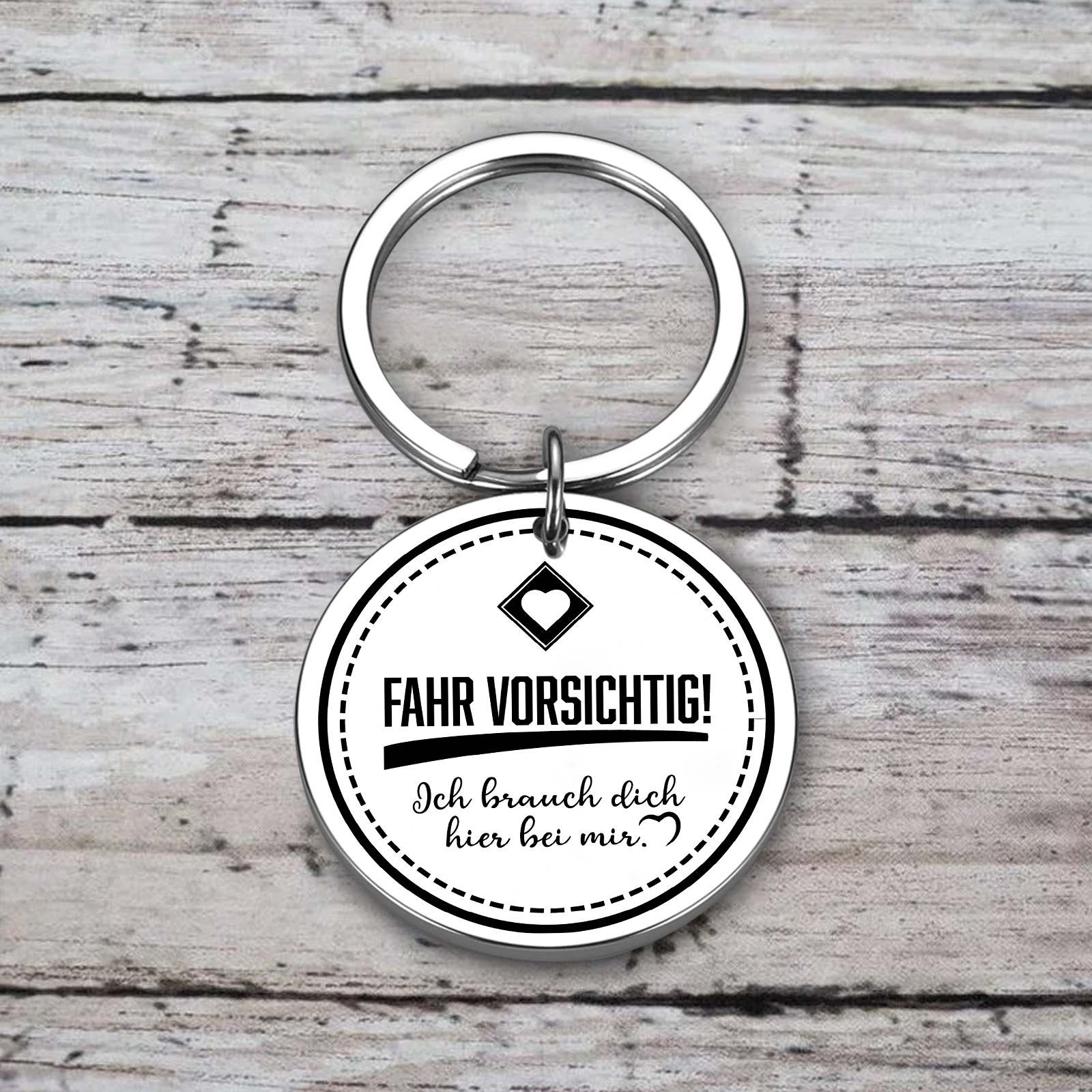 Personalisierbares Foto Rund Metall-Fahr vorsichtig. Ich brauche dich hier bei mir-Schlüsselanhänger für Paare