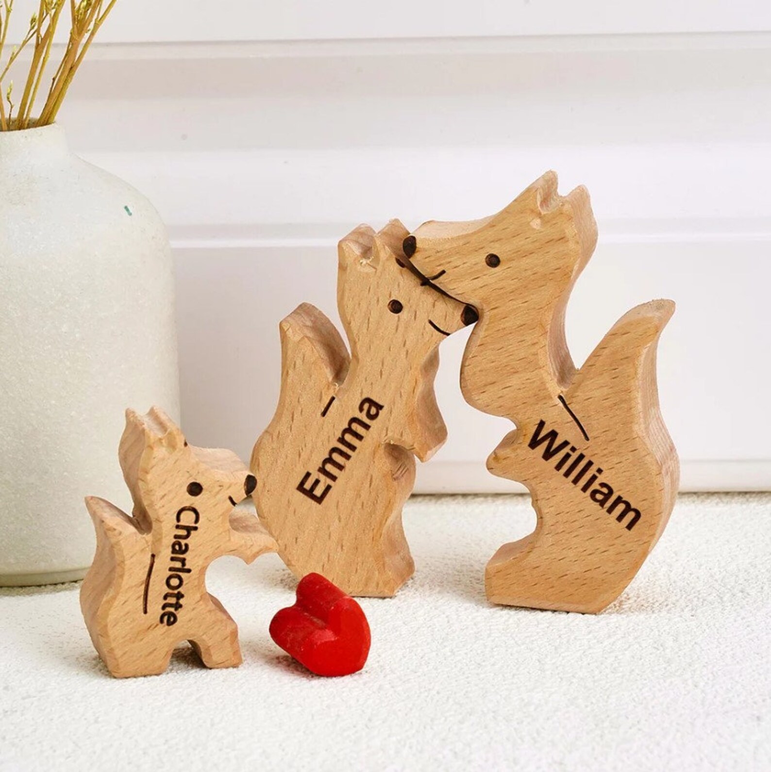 Holzskulptur-Personalisierte 3 Namen Füchse Familien Holz Deko für Familie