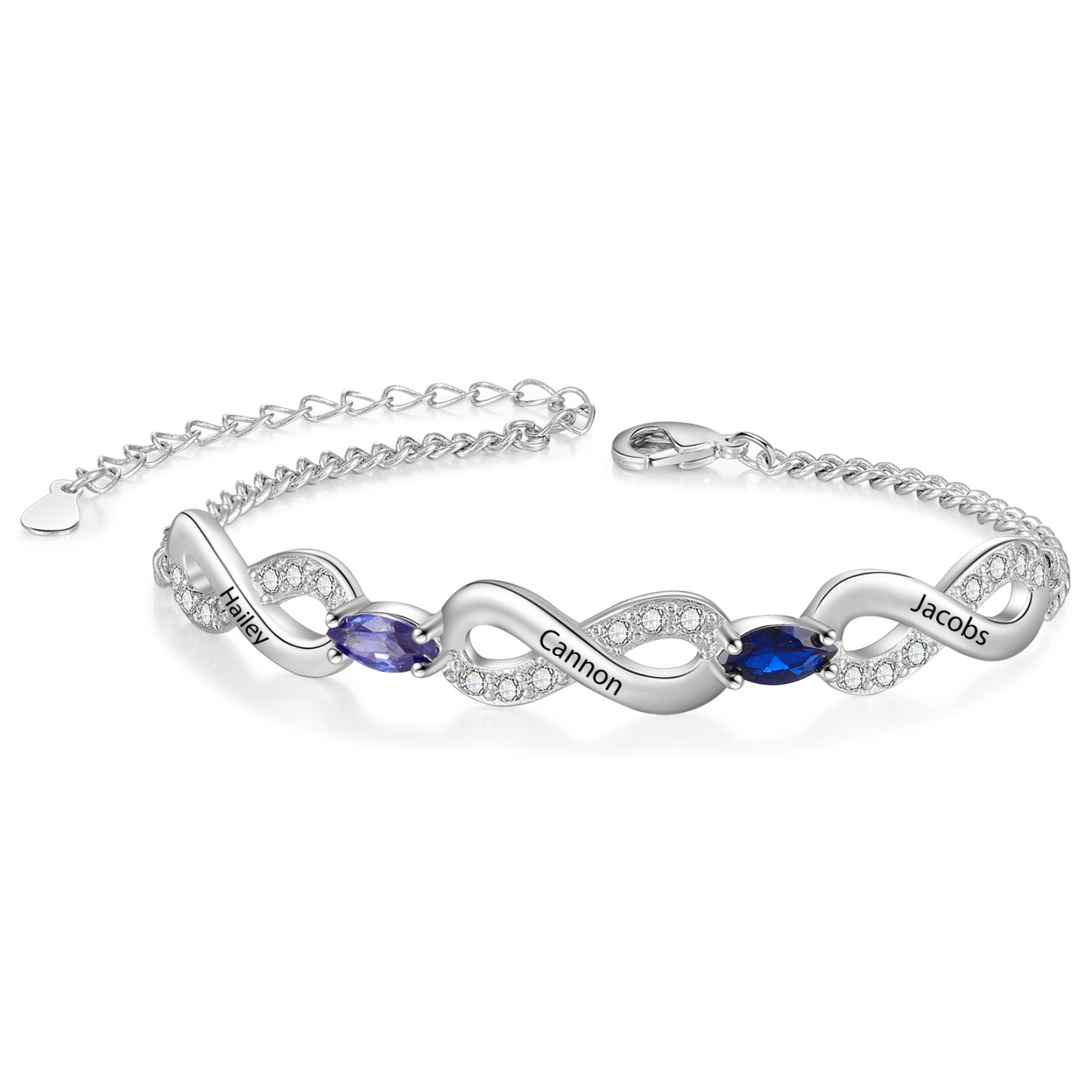 Personalisierte 3 Namen & 2 Geburtssteine Infinity Armband mit Zirkonia