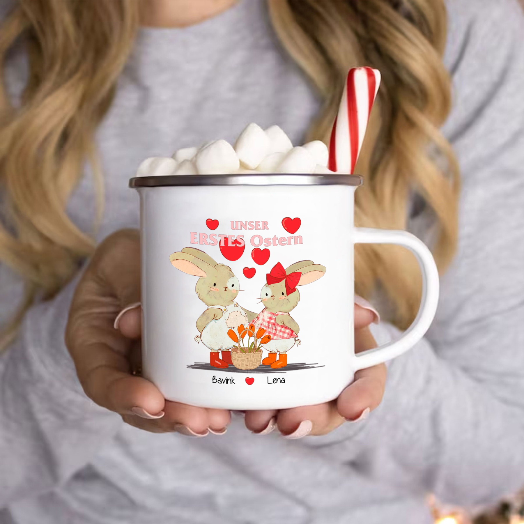 Emaille Tasse - Personalisierter Text & 2 Namen Hase Ostern Becher