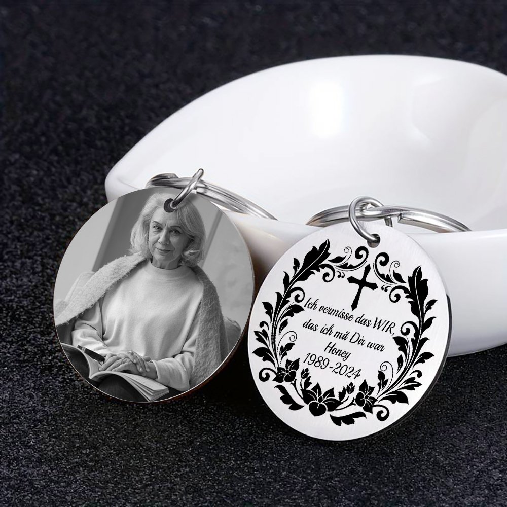 Personalisierbares Foto & Name & Datum Trauer Rund Metall Schlüsselanhänger-Ich vermiss das Wir, das ich mit dir war-Andenken Schlüsselanhänger