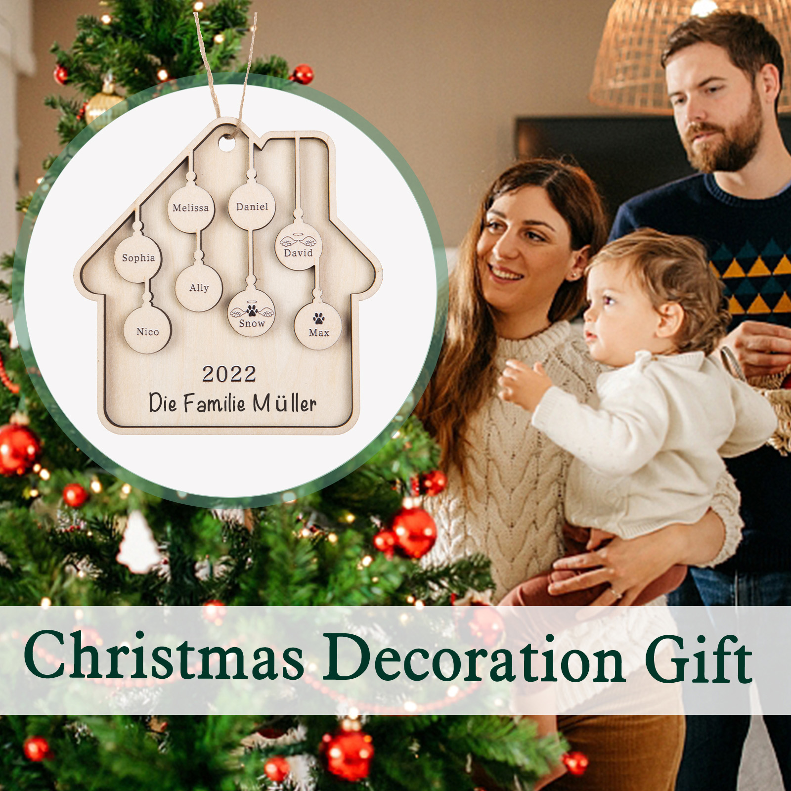 Holz Weihnachtsornament-Personalisiertes 8 Namen Text Jahr Haus Ornament Anhänger 