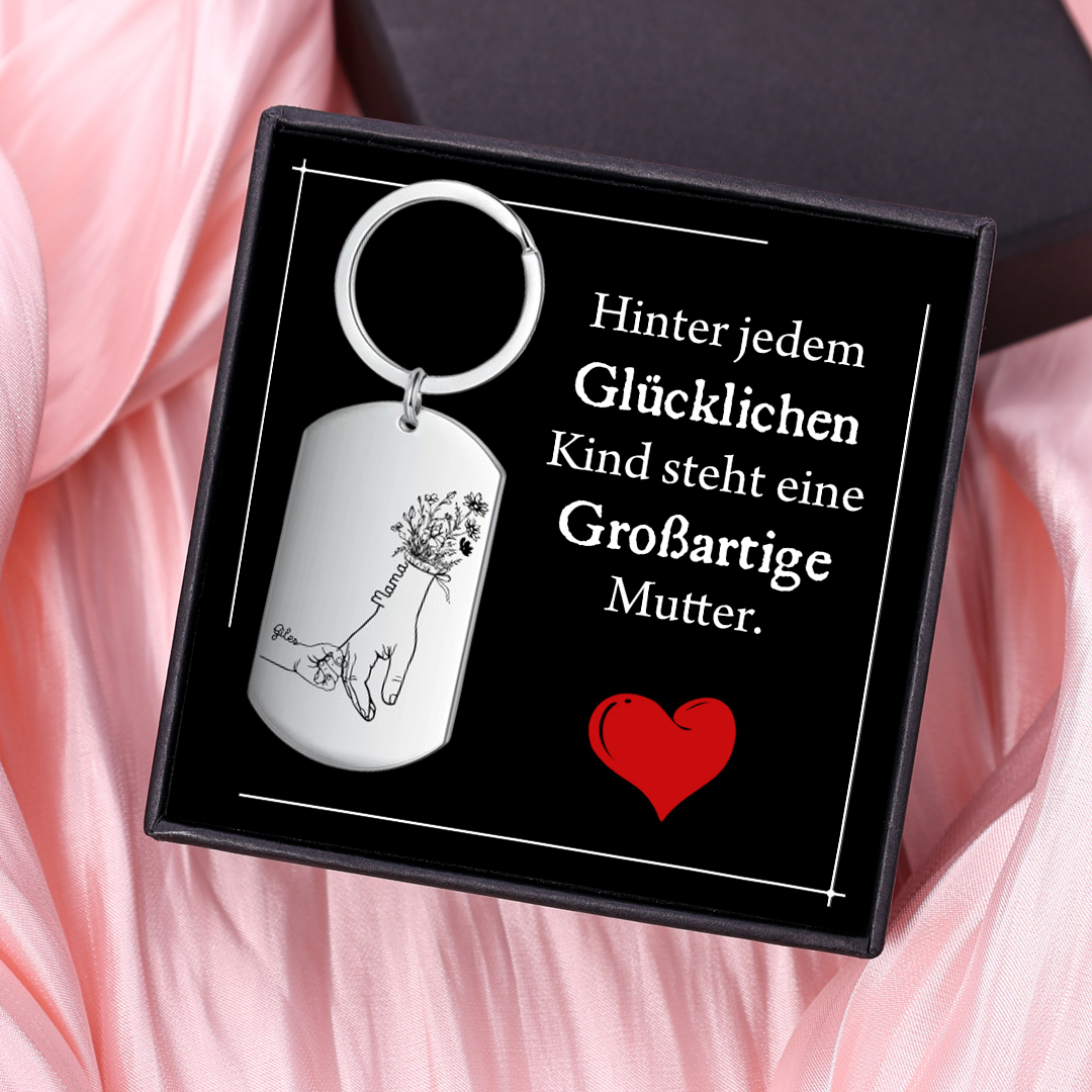 Personalisierbare 2 Namen Blume Hand Familie Schlüsselanhänger-Hinter jedem Glücklichen Kind steht eine Großartige Mutter-Geschenk mit Nachrichtenkarte