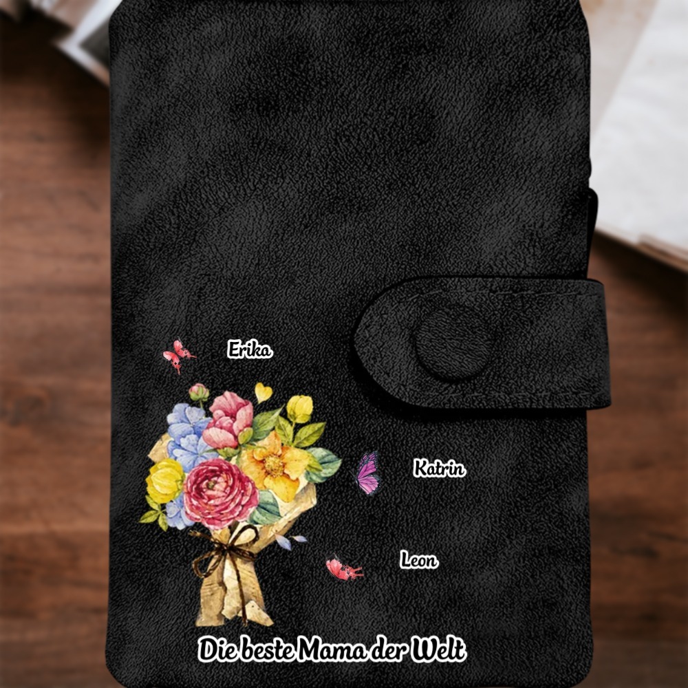 Damen Personalisierte 1-6 Namen & Text Blumen & Schmetterling PU Leder Geldbörse für Mama