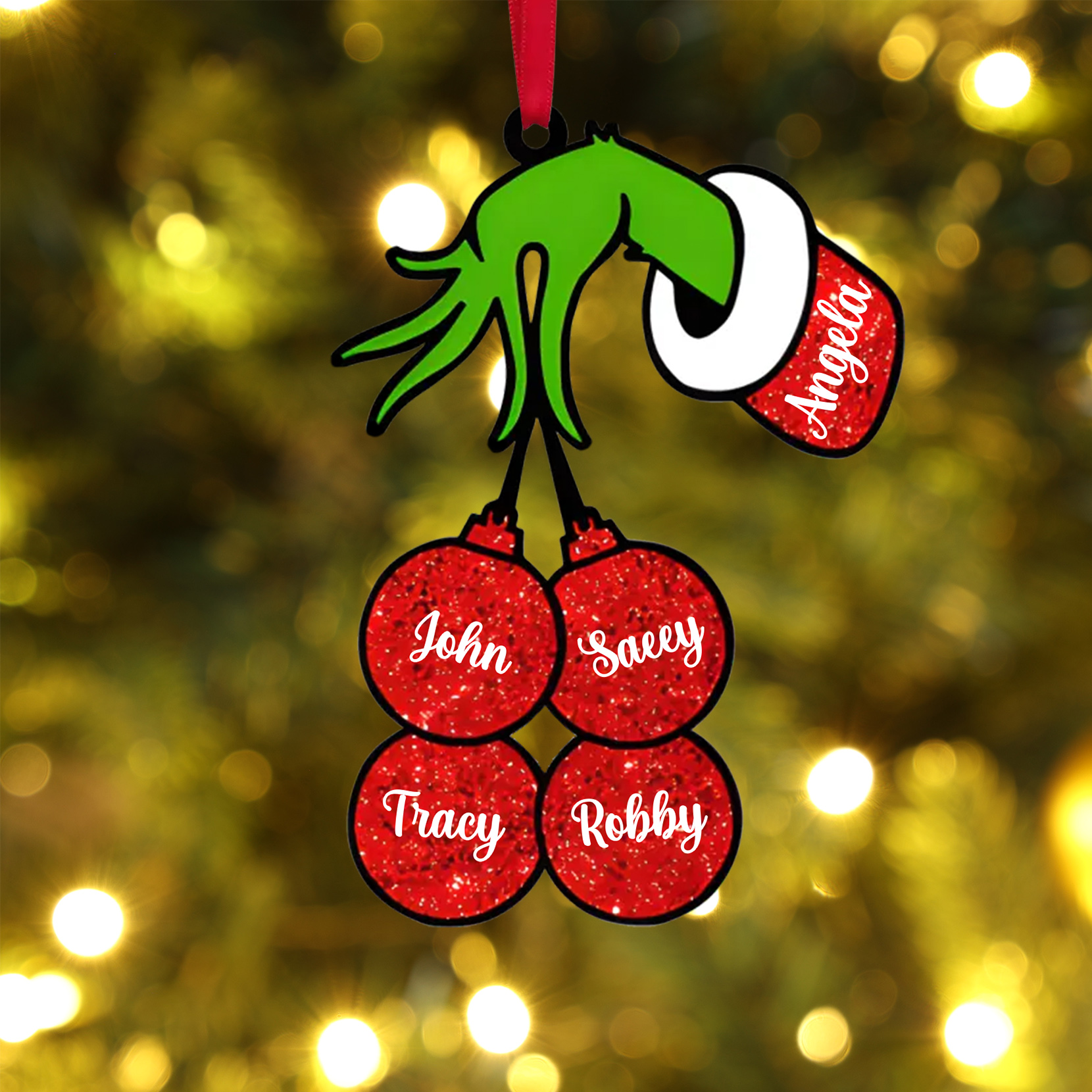 Personalisierte 5 Namen Grinch Weihnachtsornament Weihnachtsbaum Anhänger