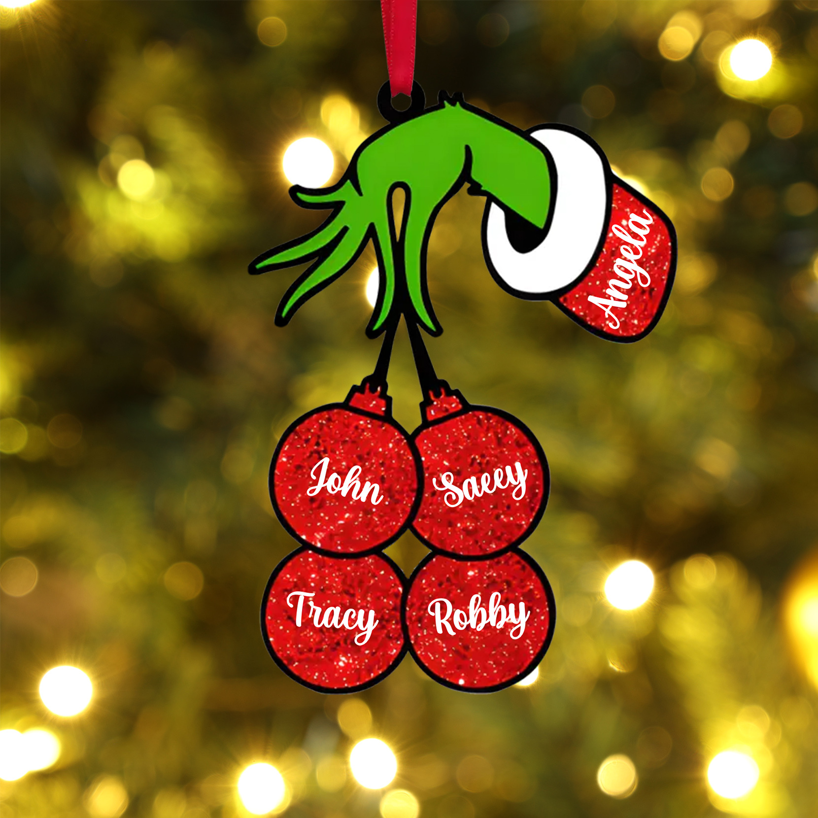 Personalisierte 5 Namen Grinch Weihnachtsornament Weihnachtsbaum Anhänger