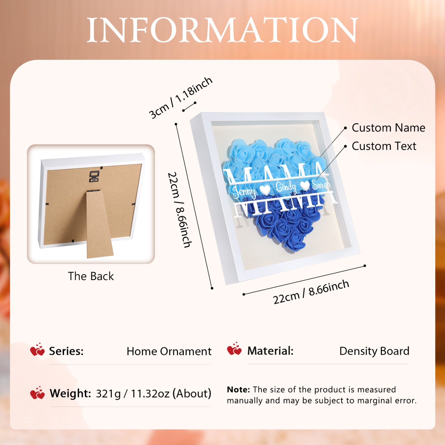 Mama Dichteplattenrahmen Deko-Personalisierbare 2 Namen Blume Ornament für Mutter