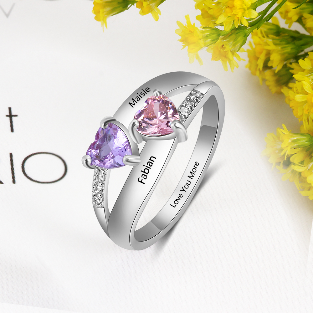 925 Sterling Silber Ring mit 2 Namen und 2 Geburtssteinen mit Gravuren