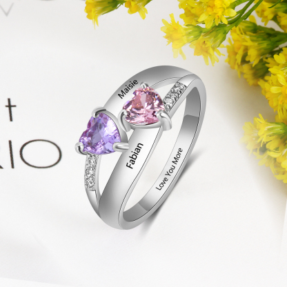 925 Sterling Silber Ring mit 2 Namen und 2 Geburtssteinen mit Gravuren