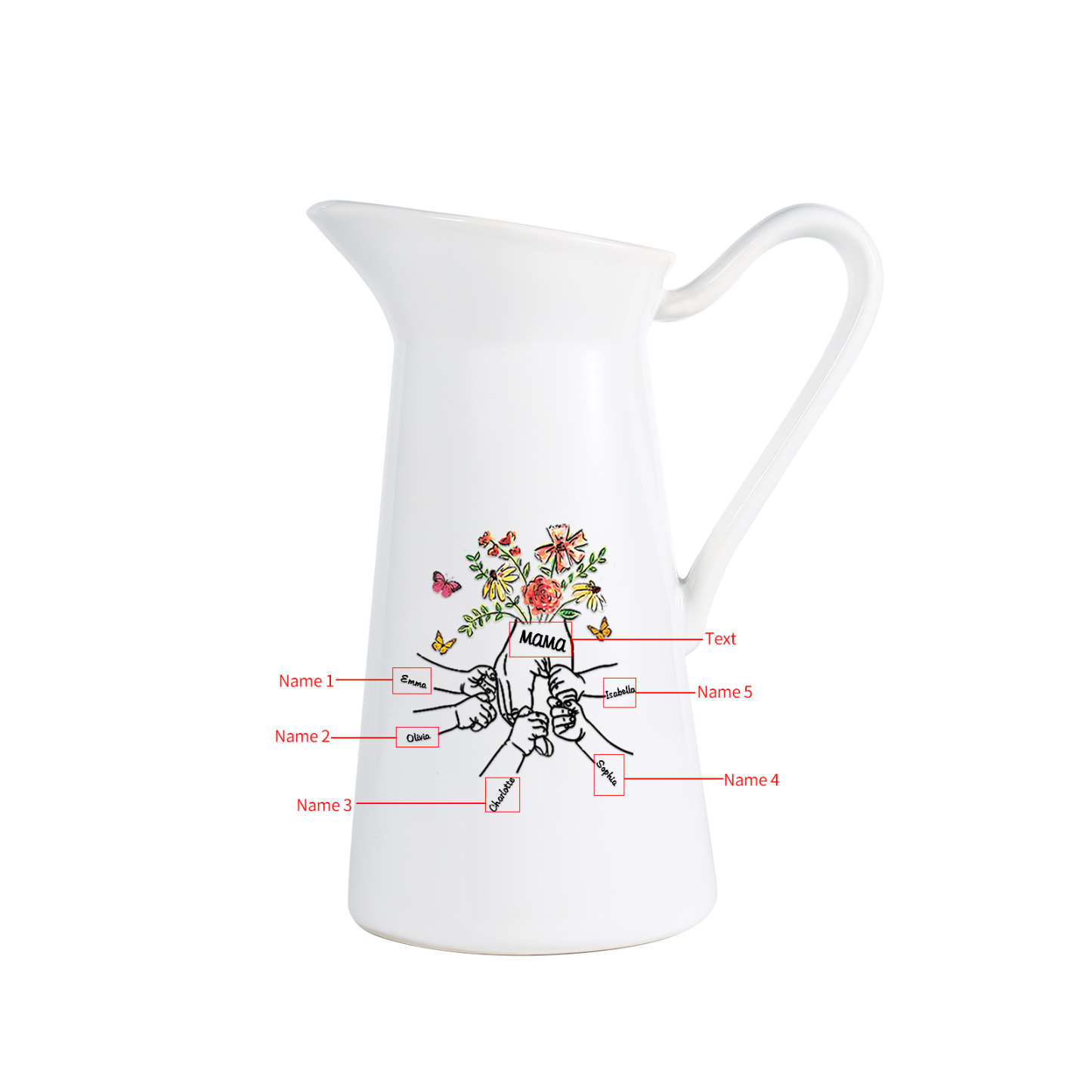 Personalisierte 5 Namen & Text Blumen Hand Gießvase mit Henkel Familie Vase