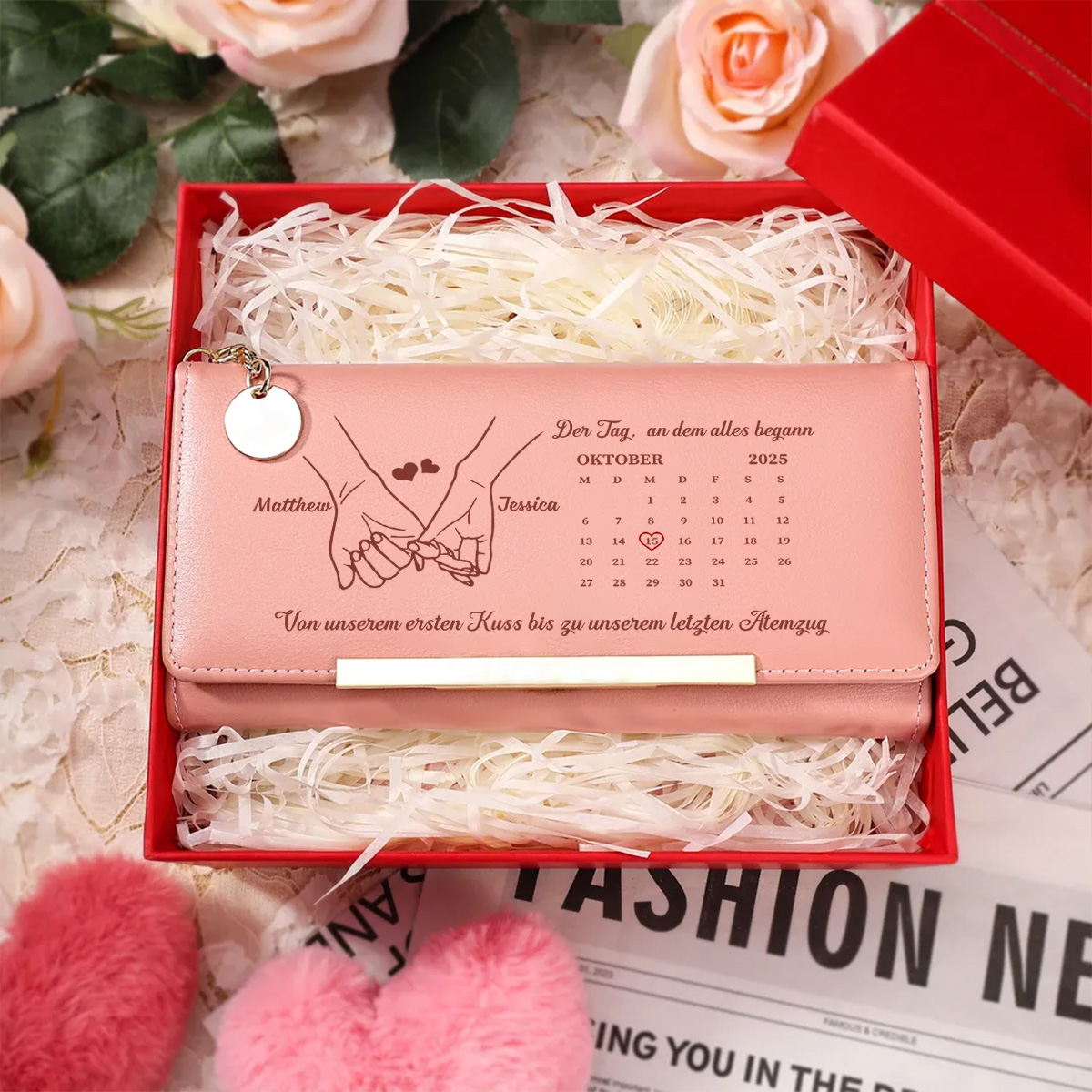 Personalisierte Damenbrieftasche mit Kalender und Vornamen – Der Tag, an dem alles begann