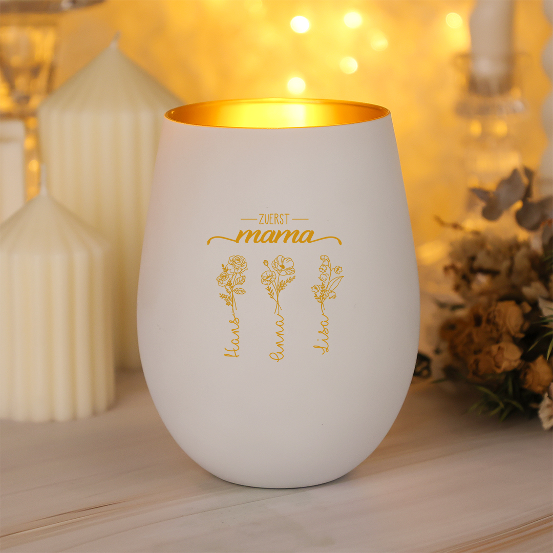 Personalisierter Glas-Kerzenhalter mit 2–10 Geburtsblumen und Namen für Mama/Oma