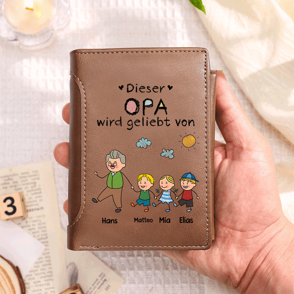 Personalisierte Leder-Geldbörse für Papa Opa mit 1–8 Namen und Kinderfiguren