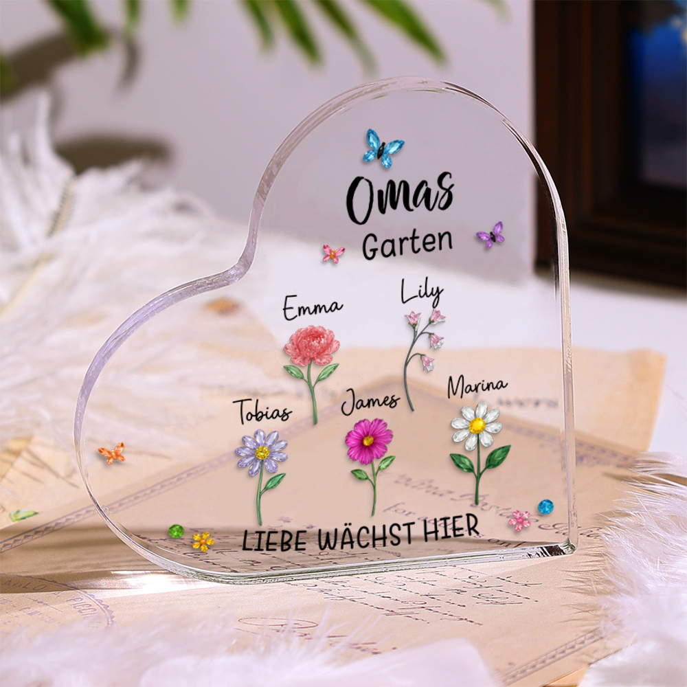 Personalisiertes Acrylherz „Mamas oder Omas Garten“ mit Geburtsblumen und Namen der Kinder