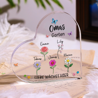 Personalisiertes Acrylherz „Mamas oder Omas Garten“ mit Geburtsblumen und Namen der Kinder