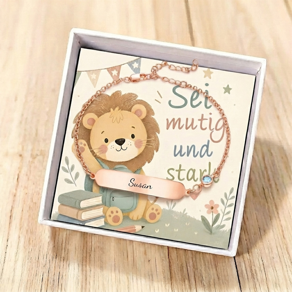 Löwen-Armband mit Namensgravur Geburtsstein Personalisiertes Kinderarmband Geschenkbox Sei mutig und stark